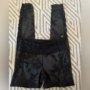 Lululemon black floral leggings, size 4, ruffles at the bottom #athleisure